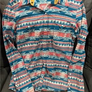 Tin Haul Teal and Coral Southwestern Snap Shirt